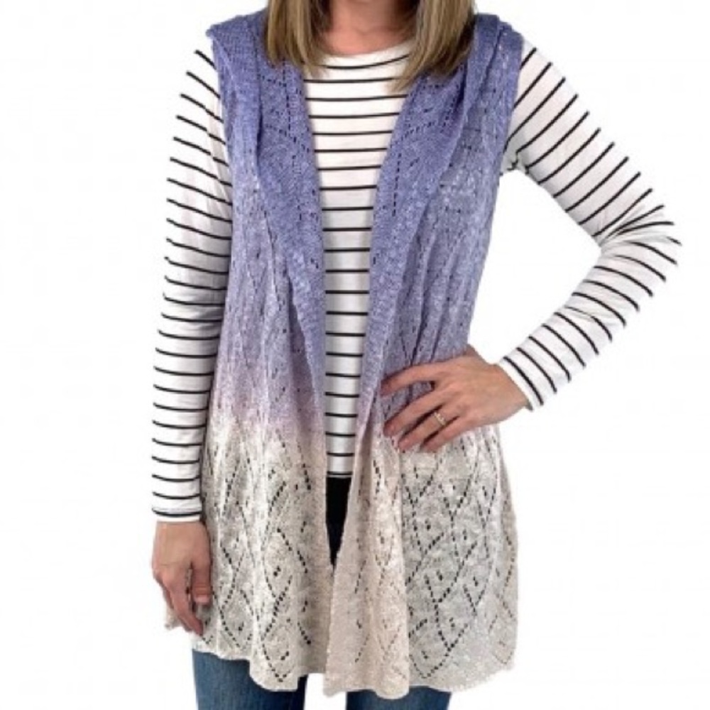 Periwinkle Open Knit Sleeveless Cardigan with Hood